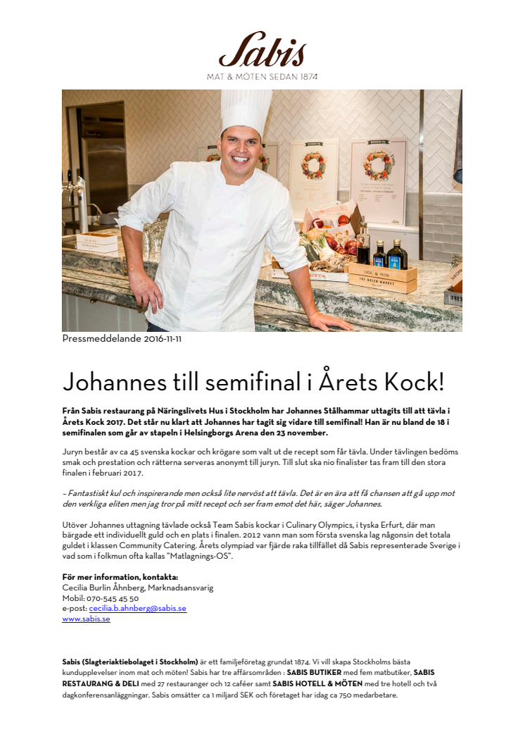 Johannes till semifinal i Årets Kock!