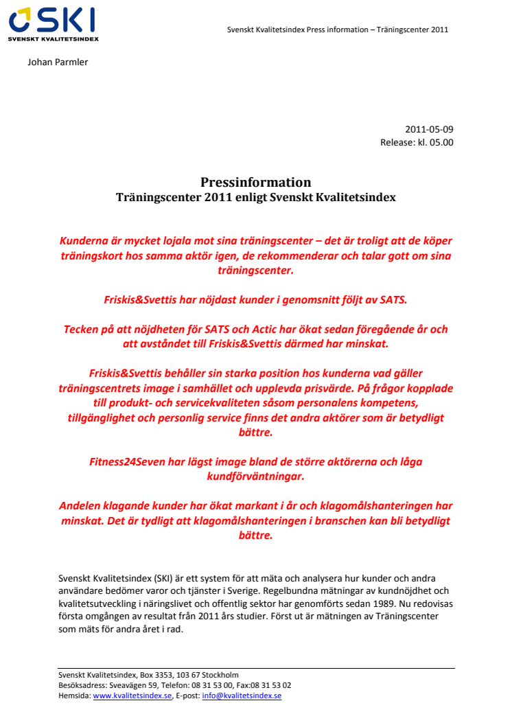 Träningscenter 2011 enligt Svenskt Kvalitetsindex