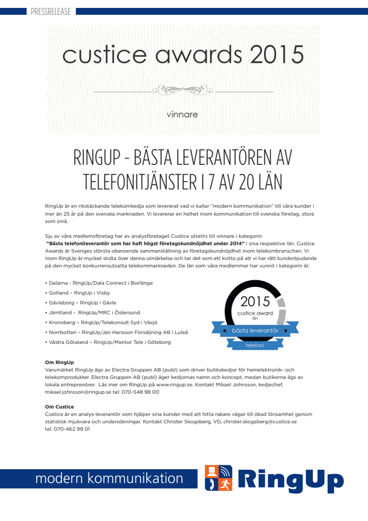 RingUp - bästa leverantören av telefonitjänster i 7 av 20 län