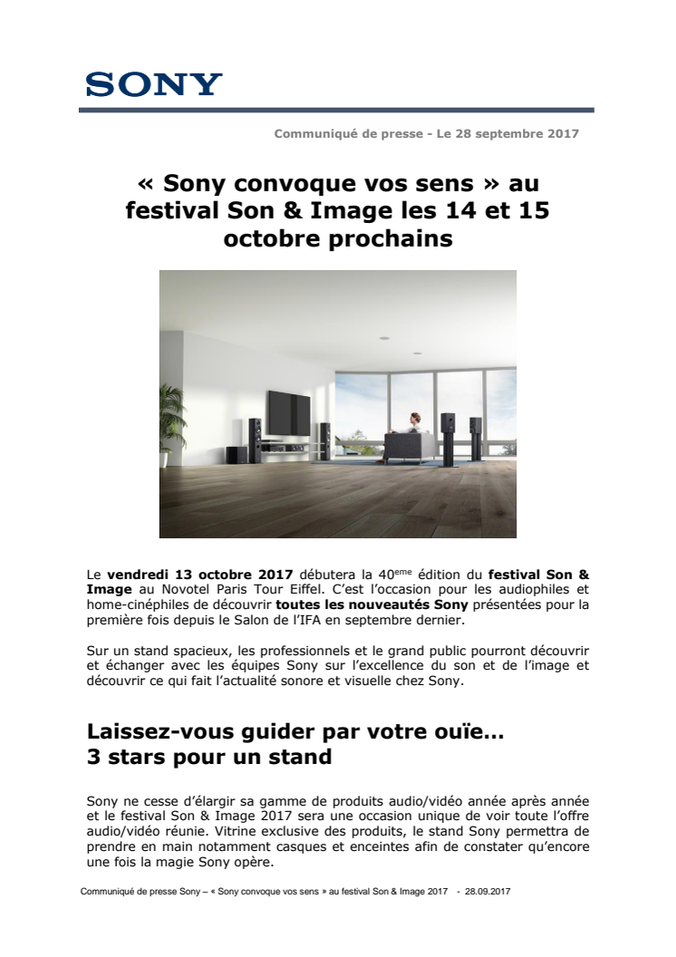 « Sony convoque vos sens »  au festival Son & Image  les 14 et 15 octobre prochains