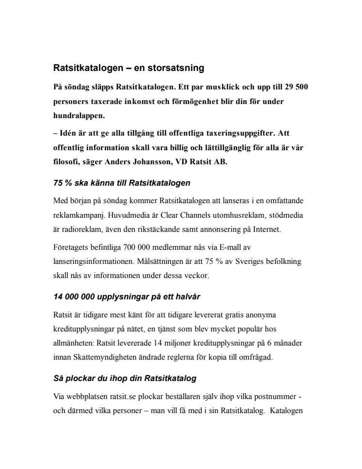 Ratsitkatalogen ska nå 75 % av svenskarna