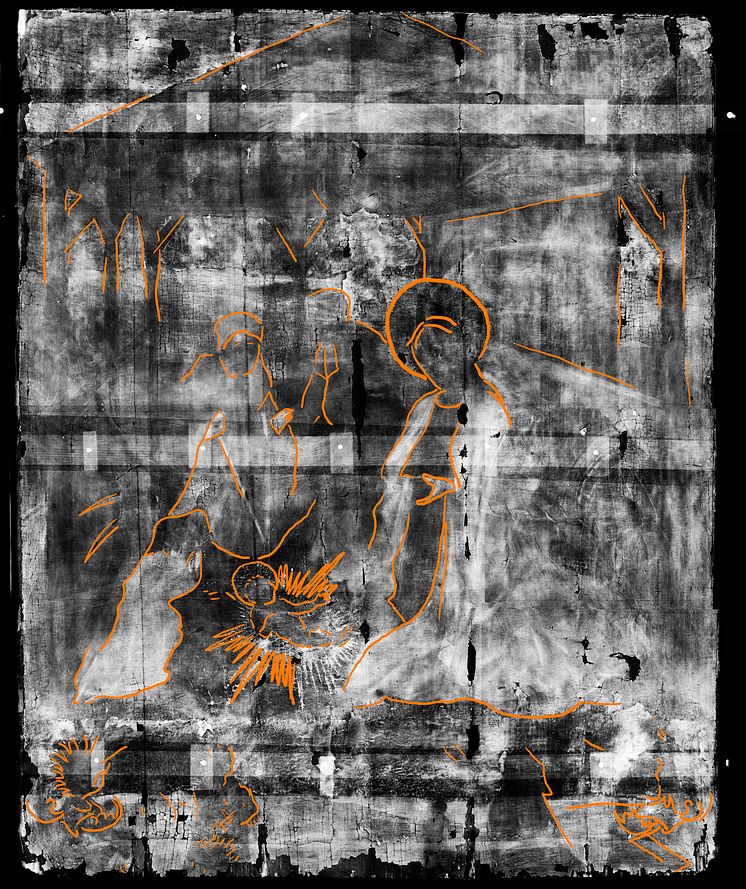 Bowes Museum panel Xray with markings (photo credit Northumbria University and The Bowes Museum)
