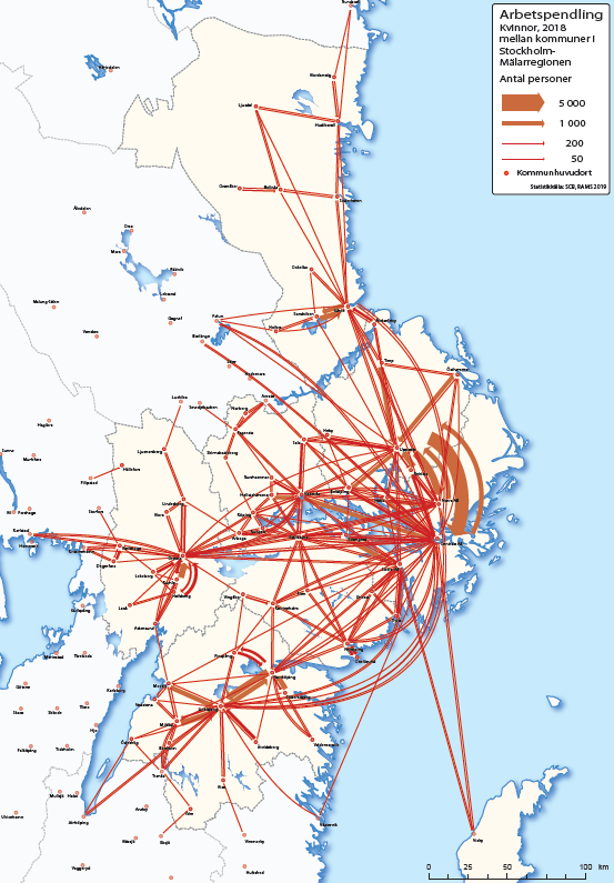 Arbetspendling 2018 i Stockholm-Mälarregionen kvinnor