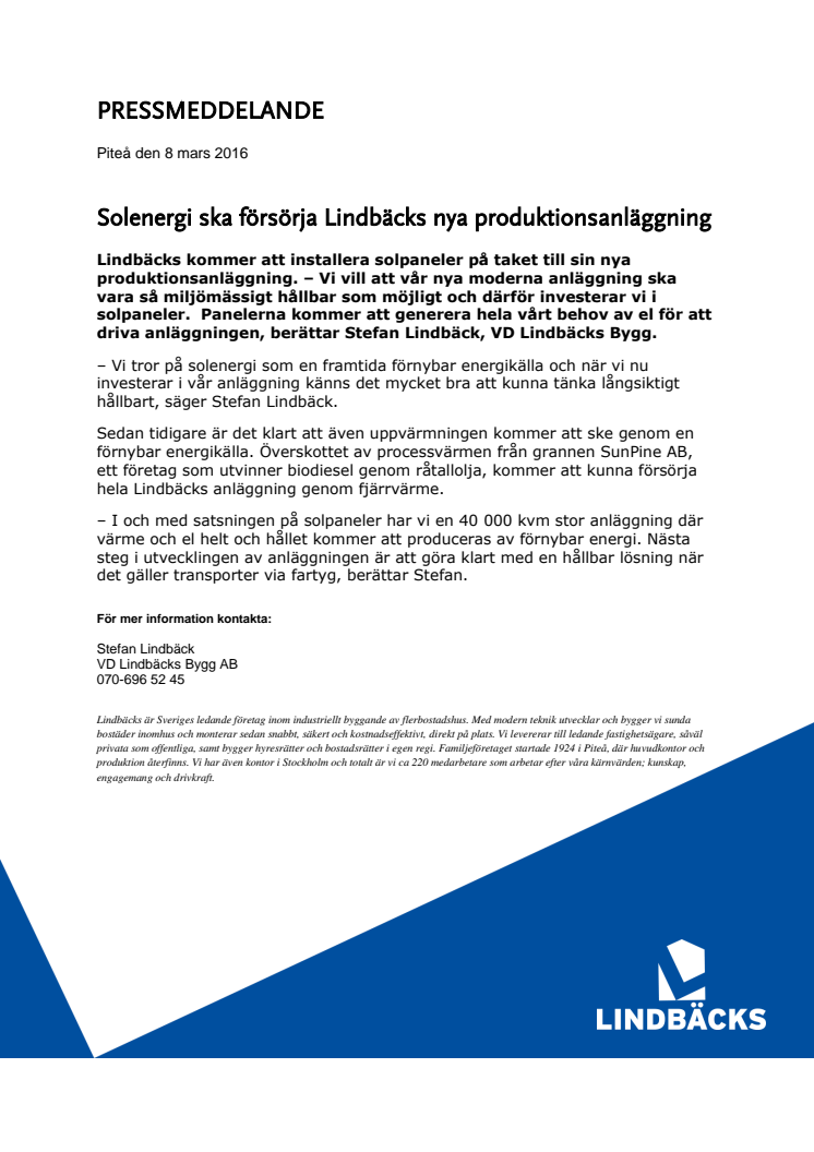 Solenergi ska försörja Lindbäcks nya produktionsanläggning