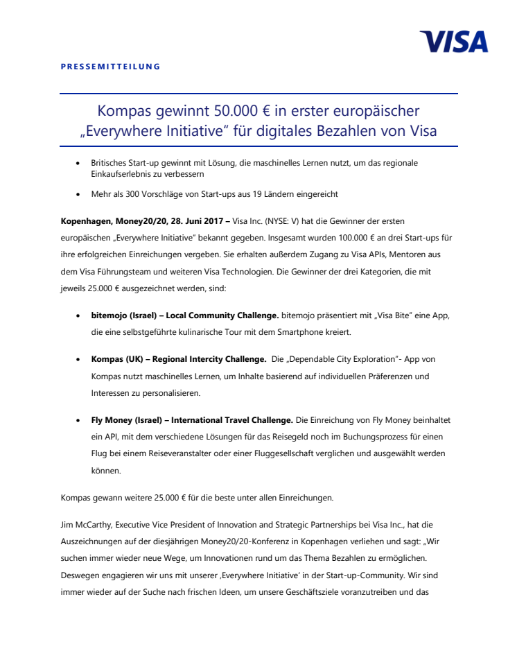 Kompas gewinnt 50.000 € in erster europäischer  „Everywhere Initiative“ für digitales Bezahlen von Visa