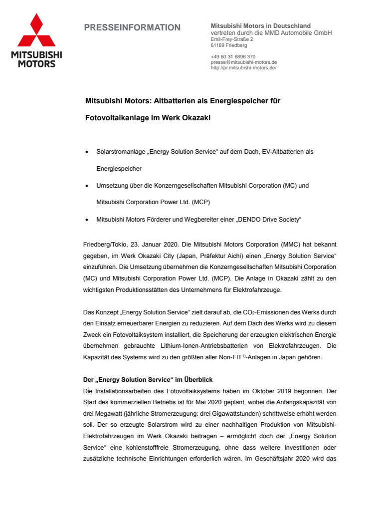 Mitsubishi Motors: Altbatterien als Energiespeicher für Fotovoltaikanlage im Werk Okazaki