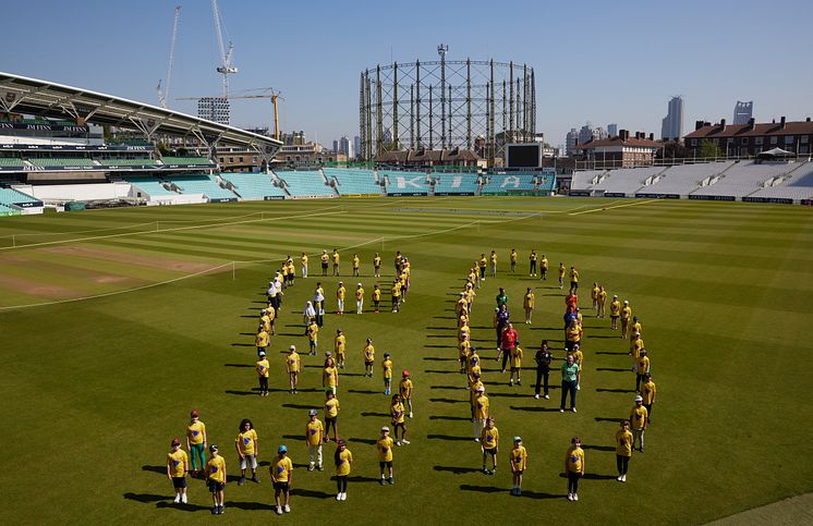 50 Days To Go. Players from all eight The Hundred teams pose with 100 Dynamos participants to mark 50 days to go until the competition starts.