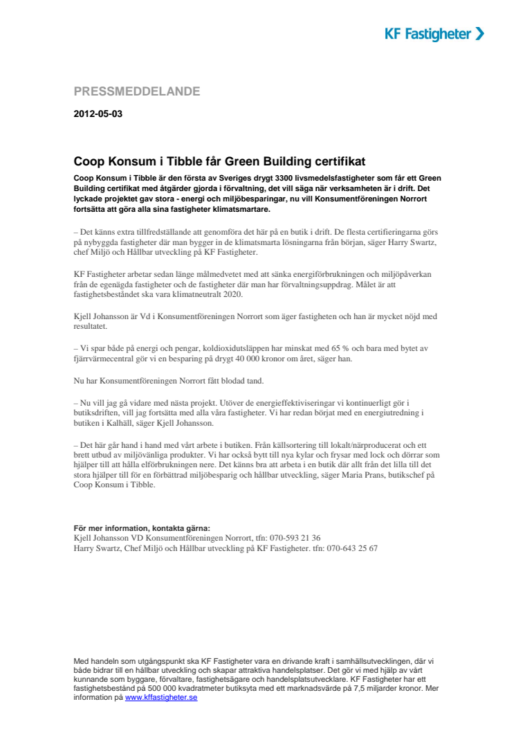 Coop Konsum i Tibble får Green Building certifikat och minskar koldioxidutsläppen med 65 %