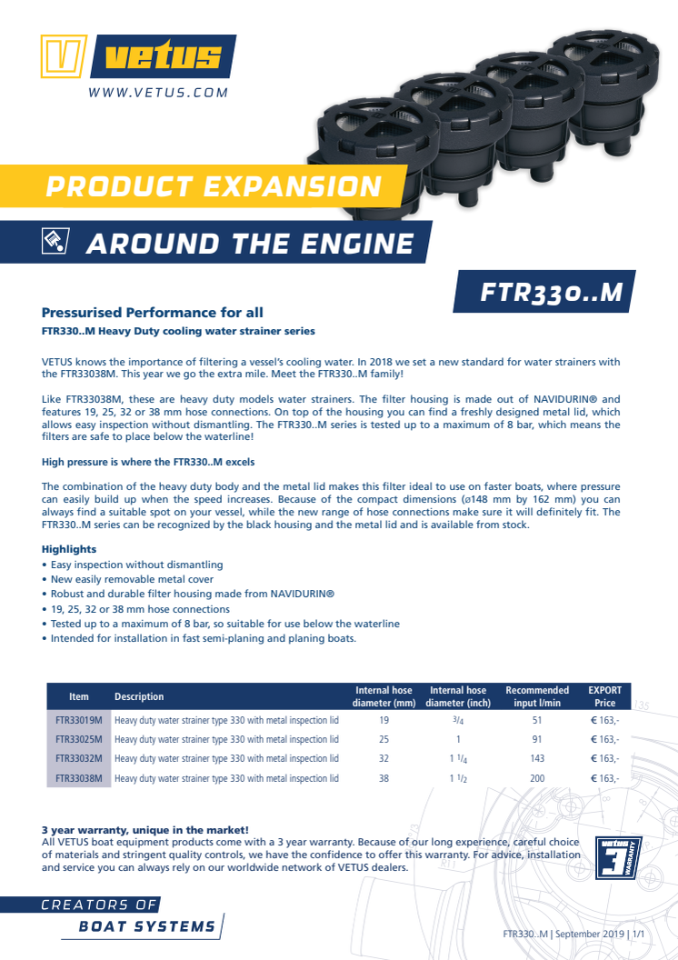 VETUS FTR330..M water strainers - Information Sheet