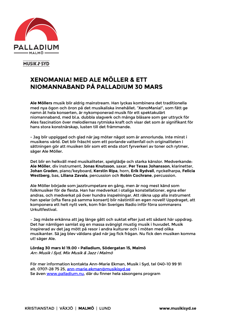 XenoMania! med Ale Möller och ett niomannaband på Palladium Malmö 30 mars
