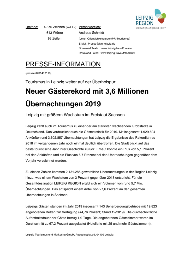 Tourismus in Leipzig weiter auf der Überholspur: Neuer Gästerekord mit 3,6 Millionen Übernachtungen 2019