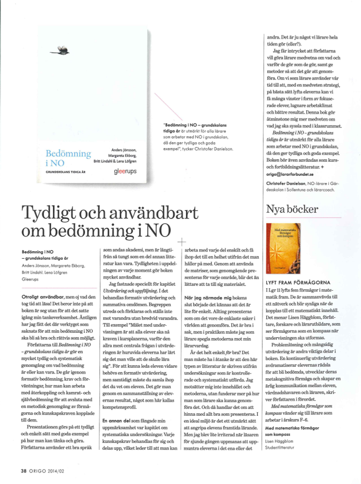 Recension av Bedömning i NO - grundskolans tidiga år i Origo 2, 2014 