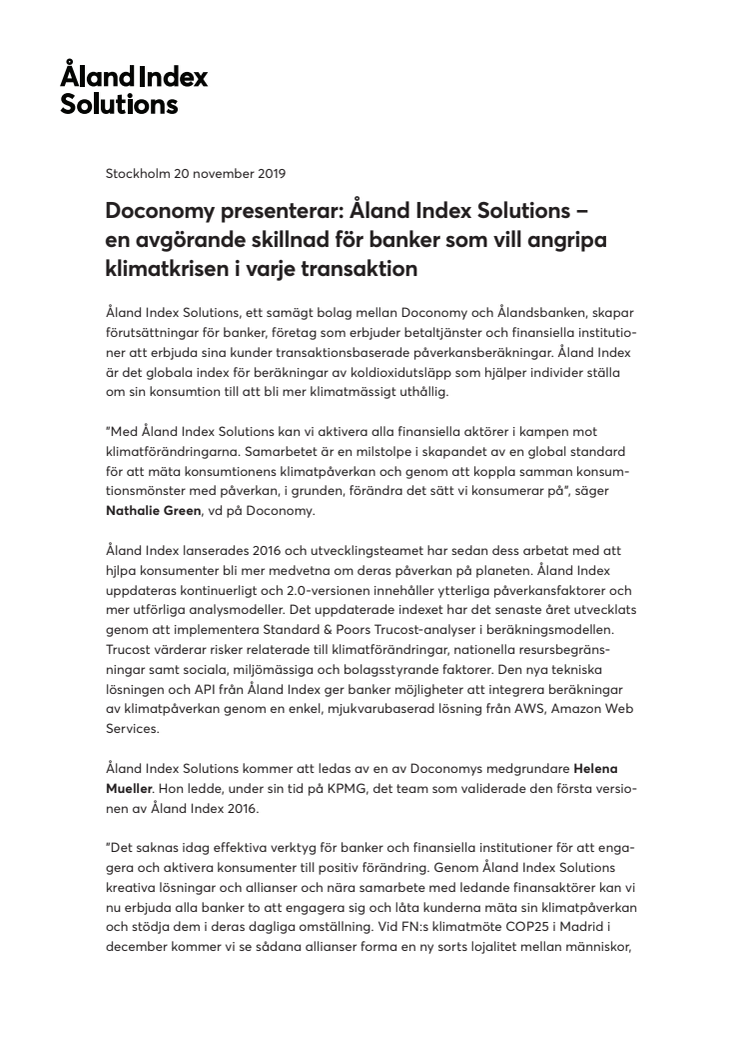 Doconomy presenterar: Åland Index Solutions –  en avgörande skillnad för banker som vill angripa  klimatkrisen i varje transaktion