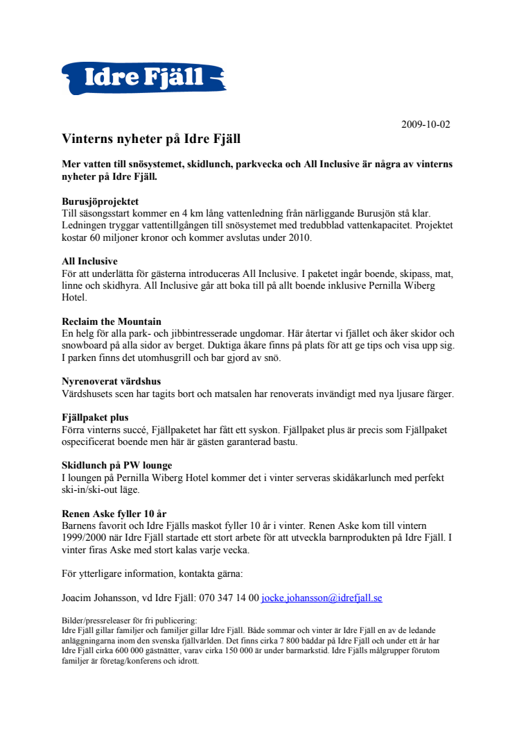 Vinterns nyheter på Idre Fjäll