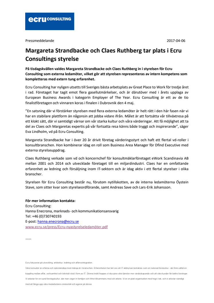 Margareta Strandbacke och Claes Ruthberg tar plats i Ecru Consultings styrelse