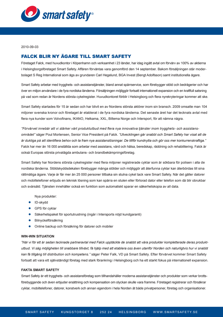 FALCK BLIR NY ÄGARE TILL SMART SAFETY