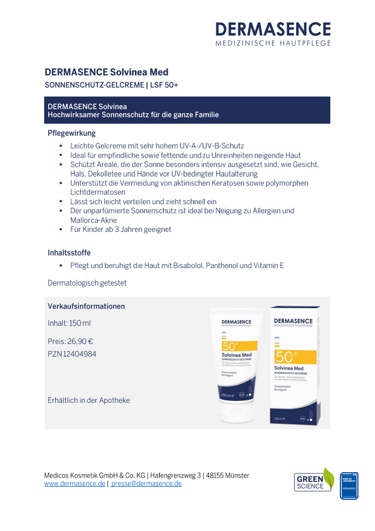 Factsheet DE: DERMASENCE Solvinea Med LSF 50+