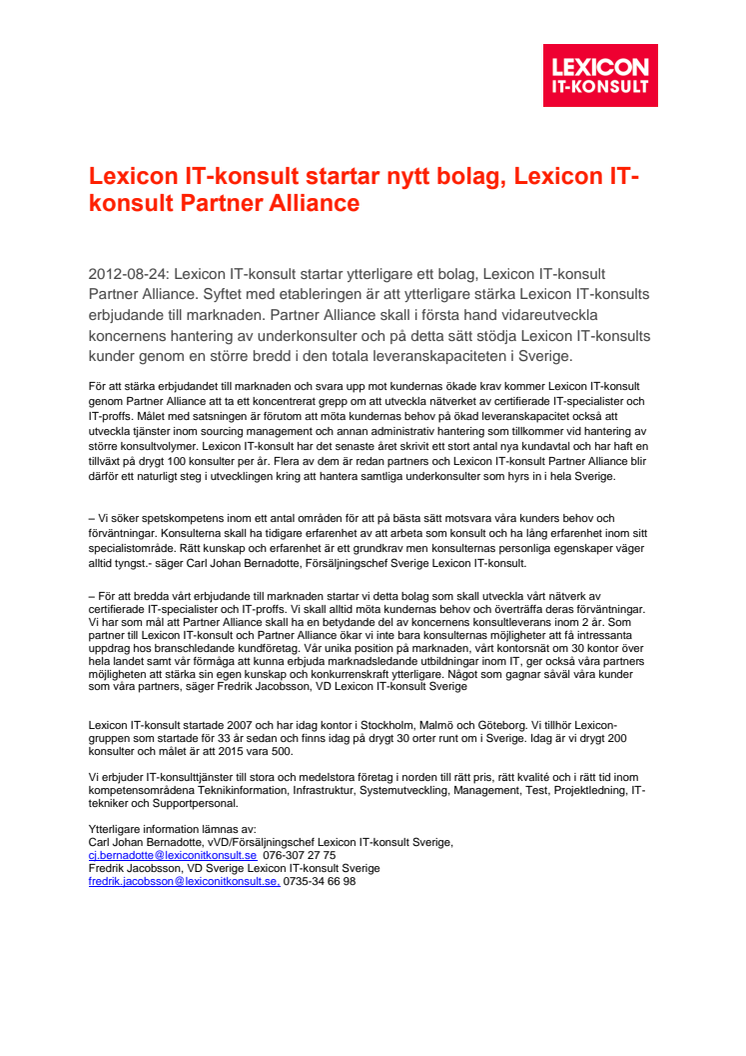 Lexicon IT-konsult startar nytt bolag, Lexicon IT-konsult Partner Alliance