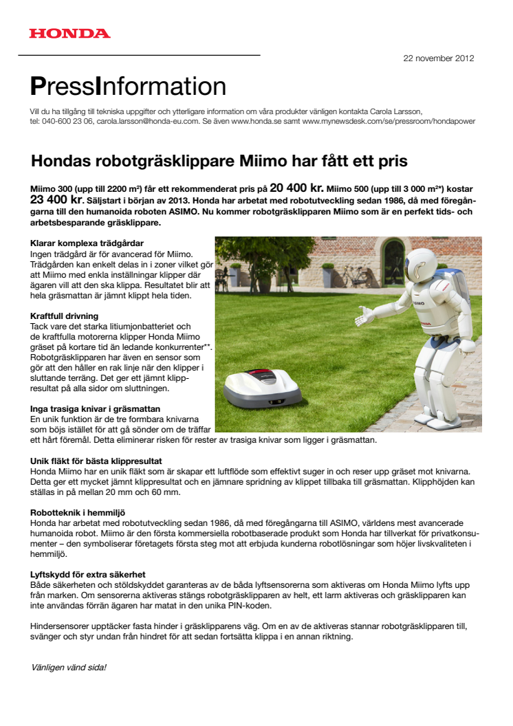 Hondas robotgräsklippare Miimo har fått ett pris
