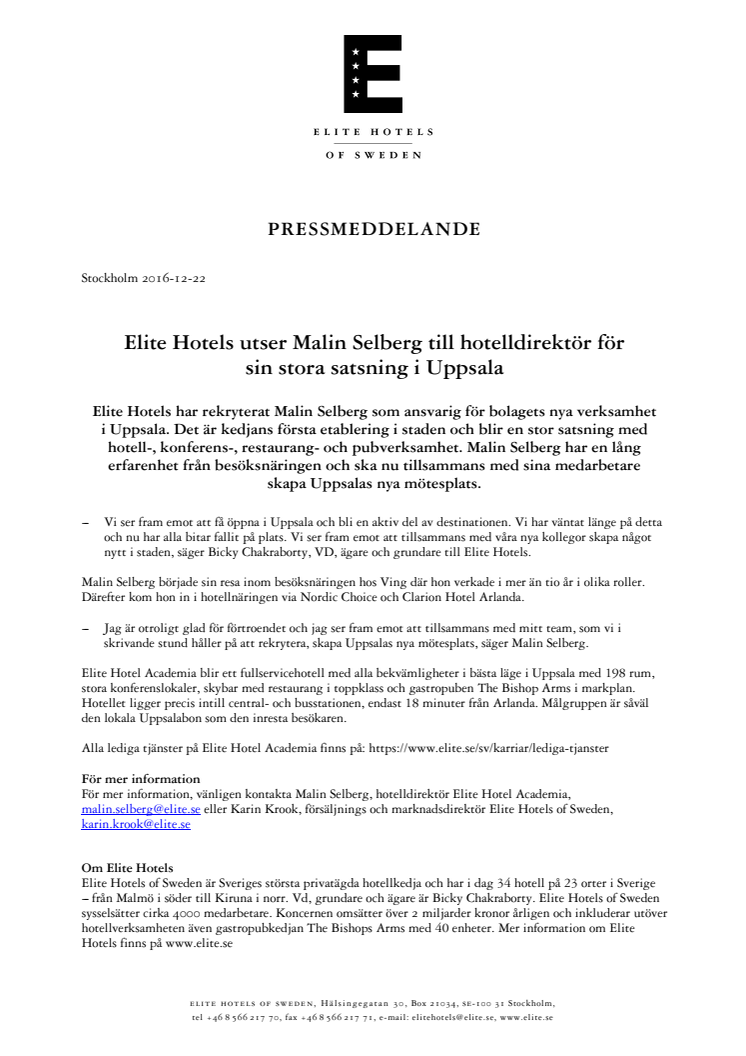 Elite Hotels utser Malin Selberg till hotelldirektör för  sin stora satsning i Uppsala 