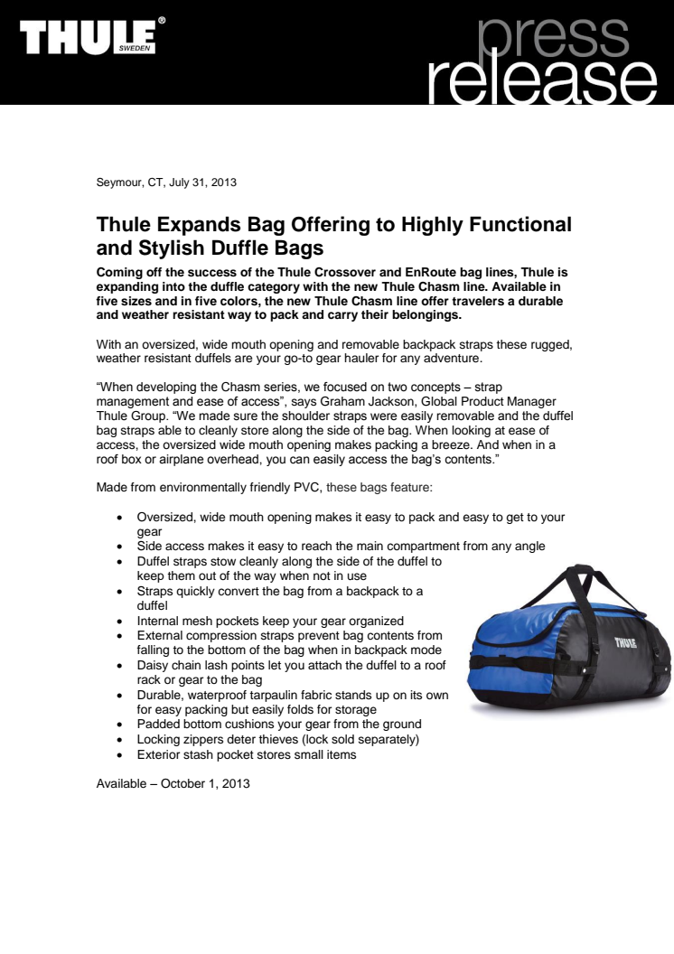 Thule Expands Bag Offering to Highly Functional and Stylish Duffle Bags