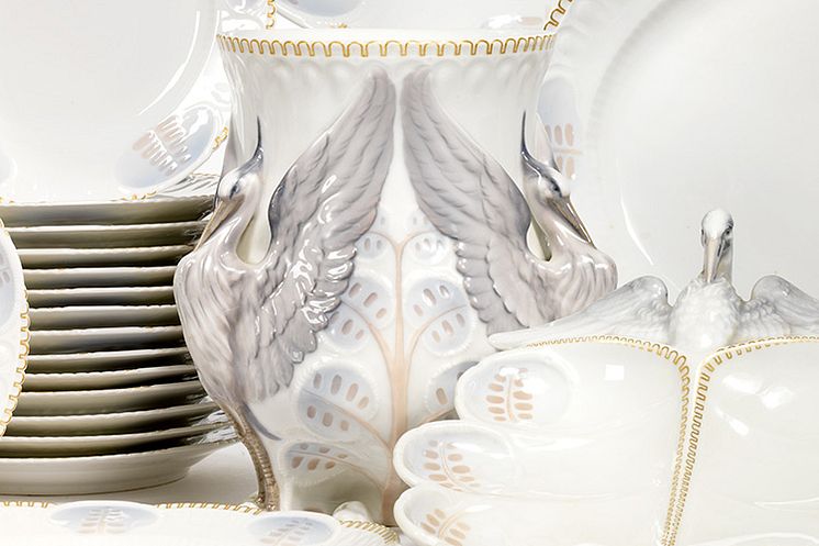 Pietro Krohn- "Hejrestellet" service af porcelæn, dekoreret i lyseblå og guld. B&G, 1895-1898 og 1902-1914.