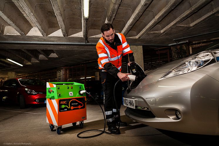RAC's first mobile charger charging a Nissan Leaf