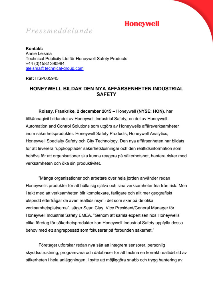 Honeywell bildar den nya affärsenheten Industrial Safety