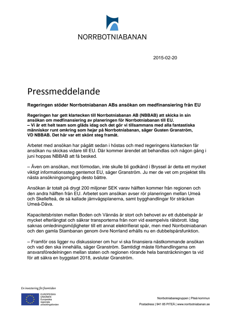 Regeringen stöder Norrbotniabanan ABs ansökan om medfinansiering från EU