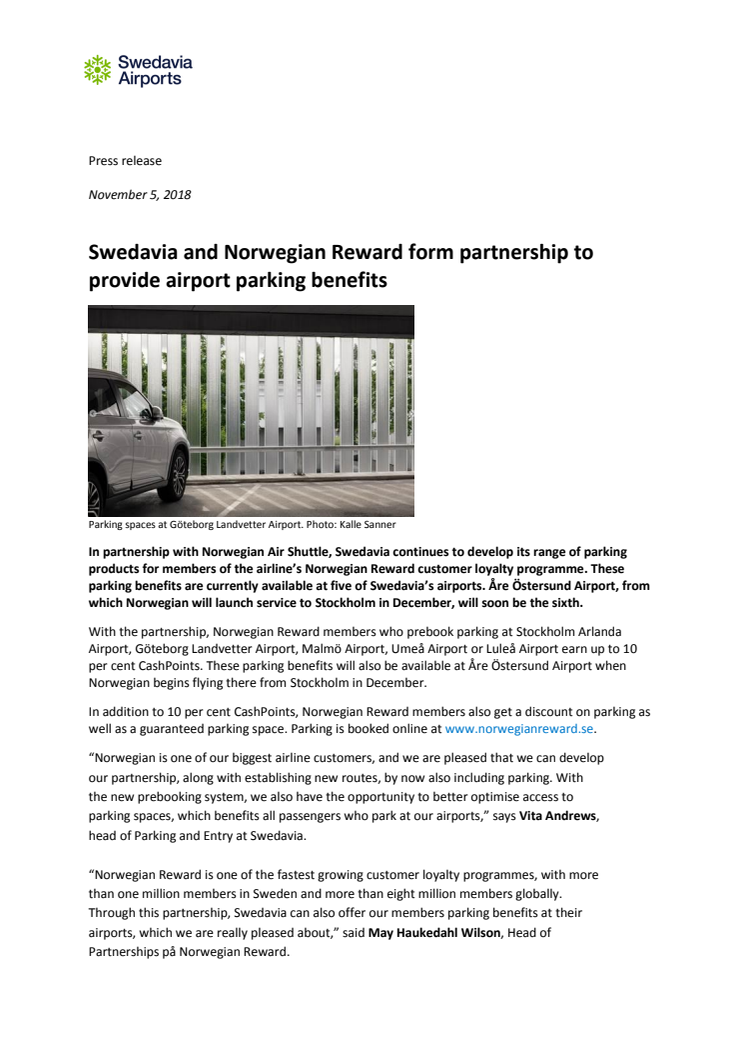 Swedavia and Norwegian Reward form partnership to provide airport parking benefits 