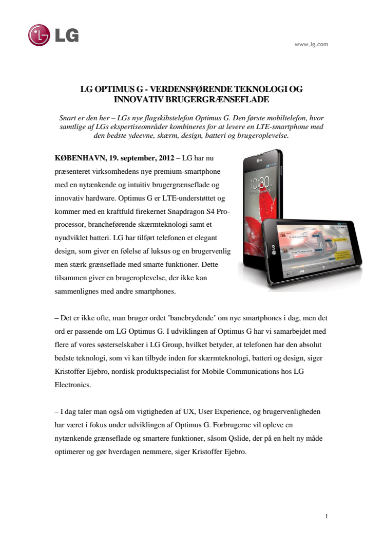 LG OPTIMUS G - VERDENSFØRENDE TEKNOLOGI OG INNOVATIV BRUGERGRÆNSEFLADE