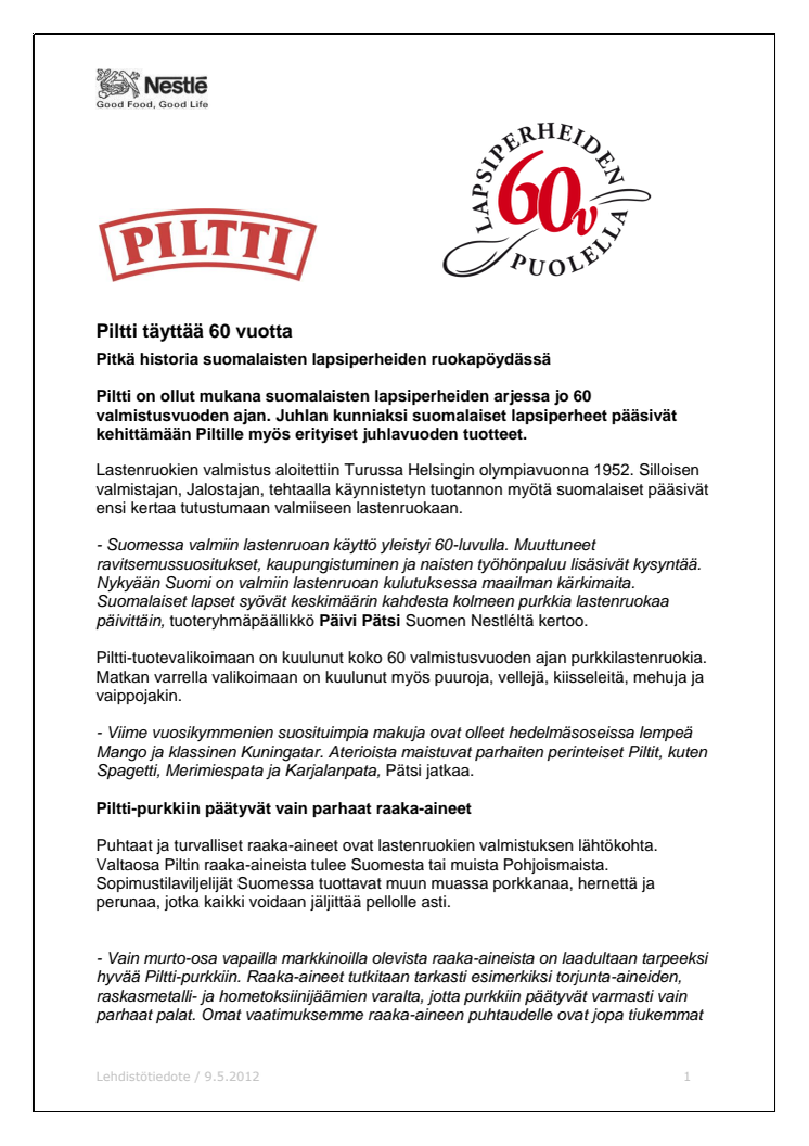 Piltti täyttää 60 vuotta