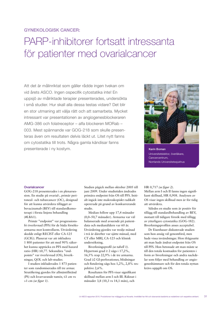 Gynekologisk cancer - överläkare Karin Boman rapporterar från ASCO 2010