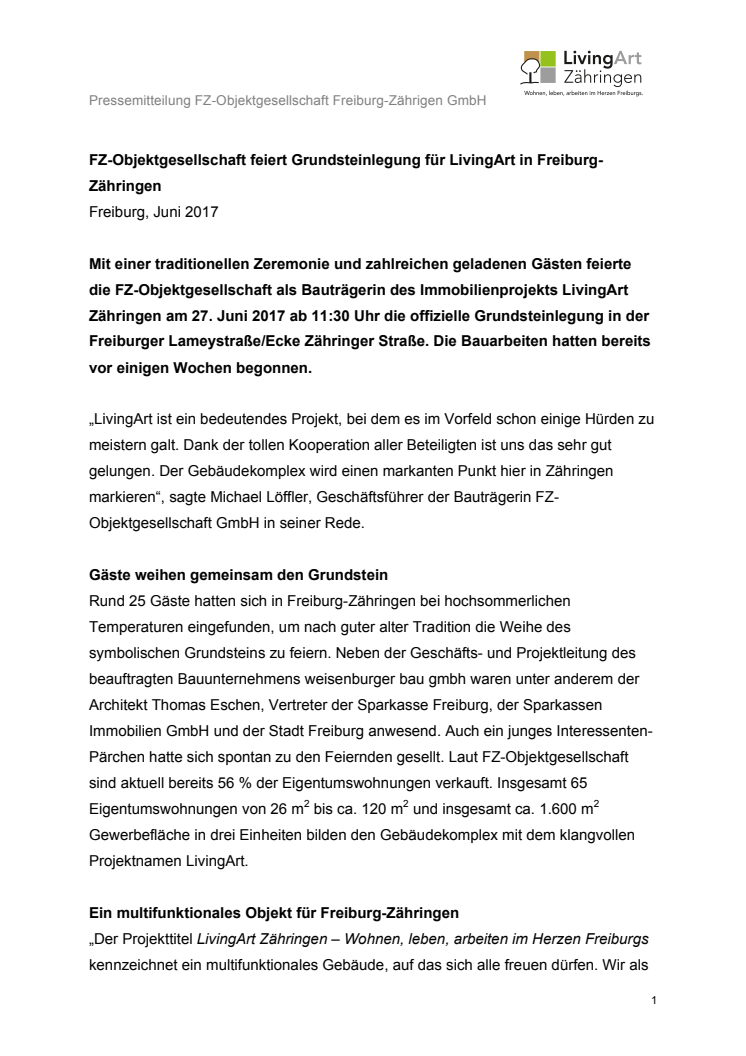 FZ-Objektgesellschaft feiert Grundsteinlegung für LivingArt in Freiburg-Zähringen