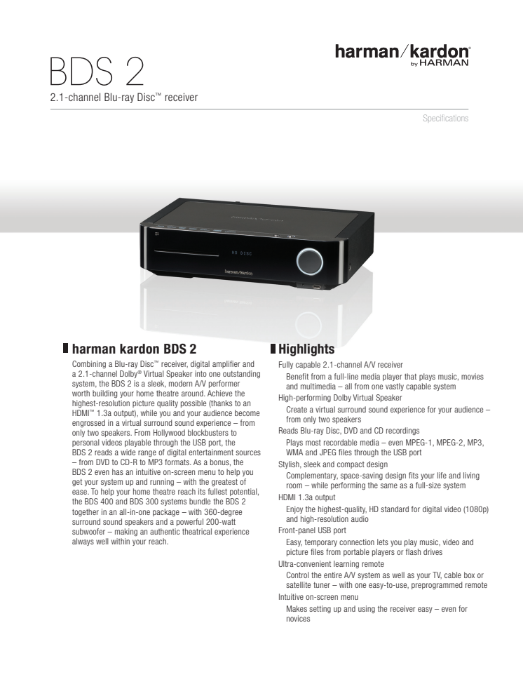 Specification sheet - harman kardon BDS 2 (English)