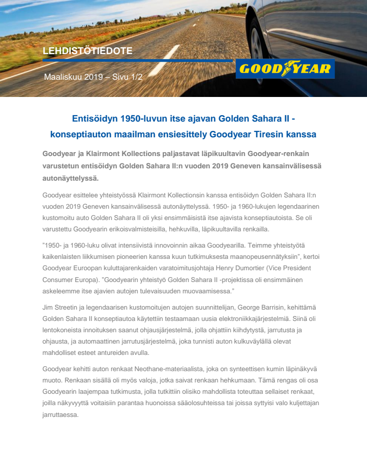 Entisöidyn 1950-luvun itse ajavan Golden Sahara II -konseptiauton maailman ensiesittely Goodyear Tiresin kanssa