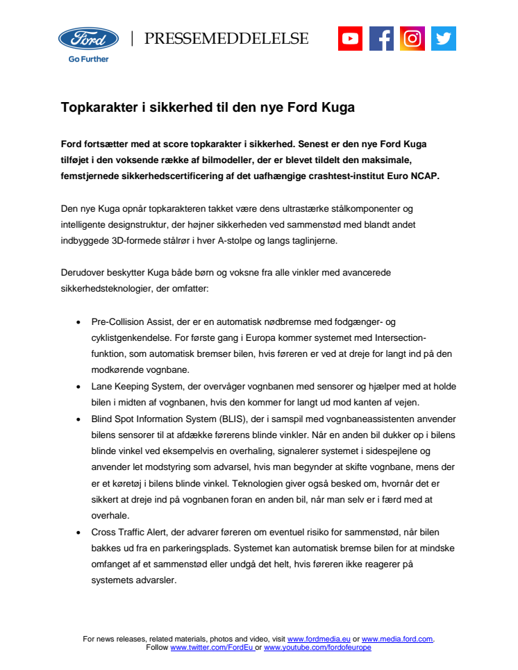 Topkarakter i sikkerhed til den nye Ford Kuga