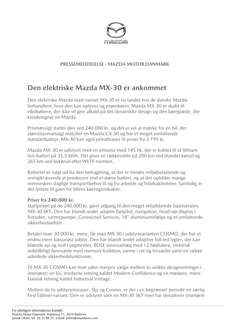 Den elektriske Mazda MX-30 er ankommet