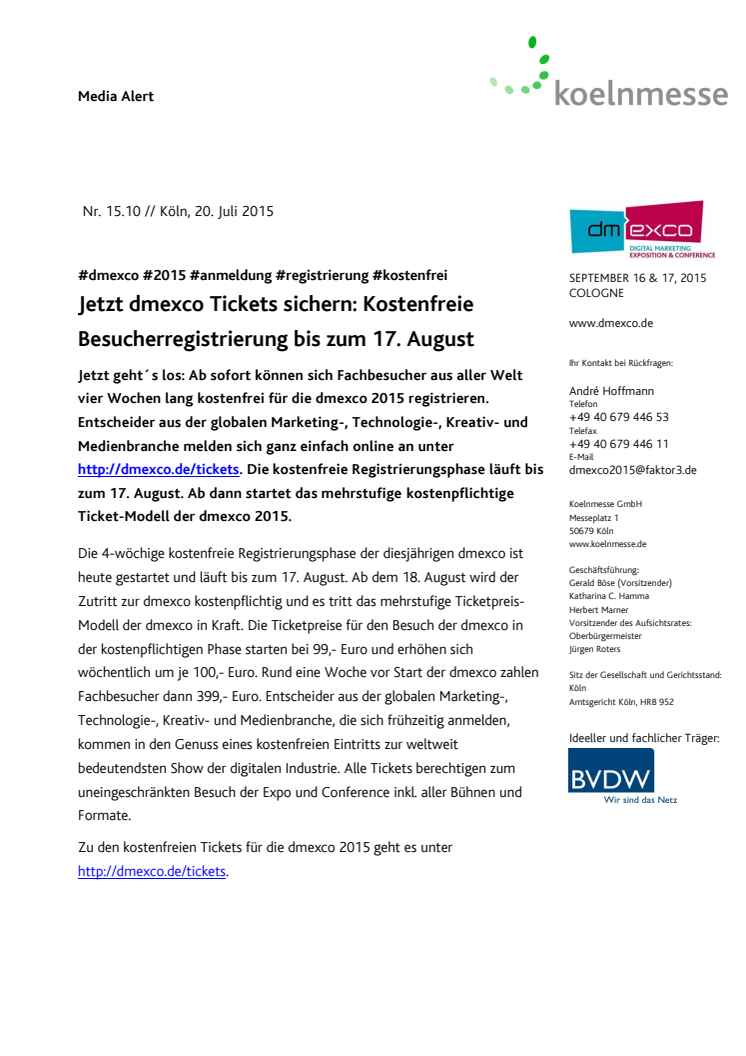 Jetzt dmexco Tickets sichern: Kostenfreie Besucherregistrierung bis zum 17. August