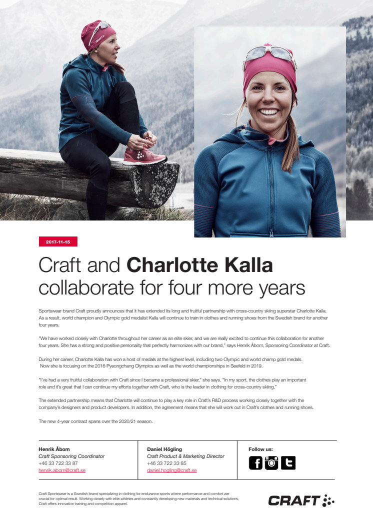 Craft and Charlotte Kalla collaborate for four more years