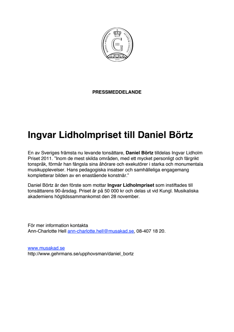 Ingvar Lidholmpriset till Daniel Börtz