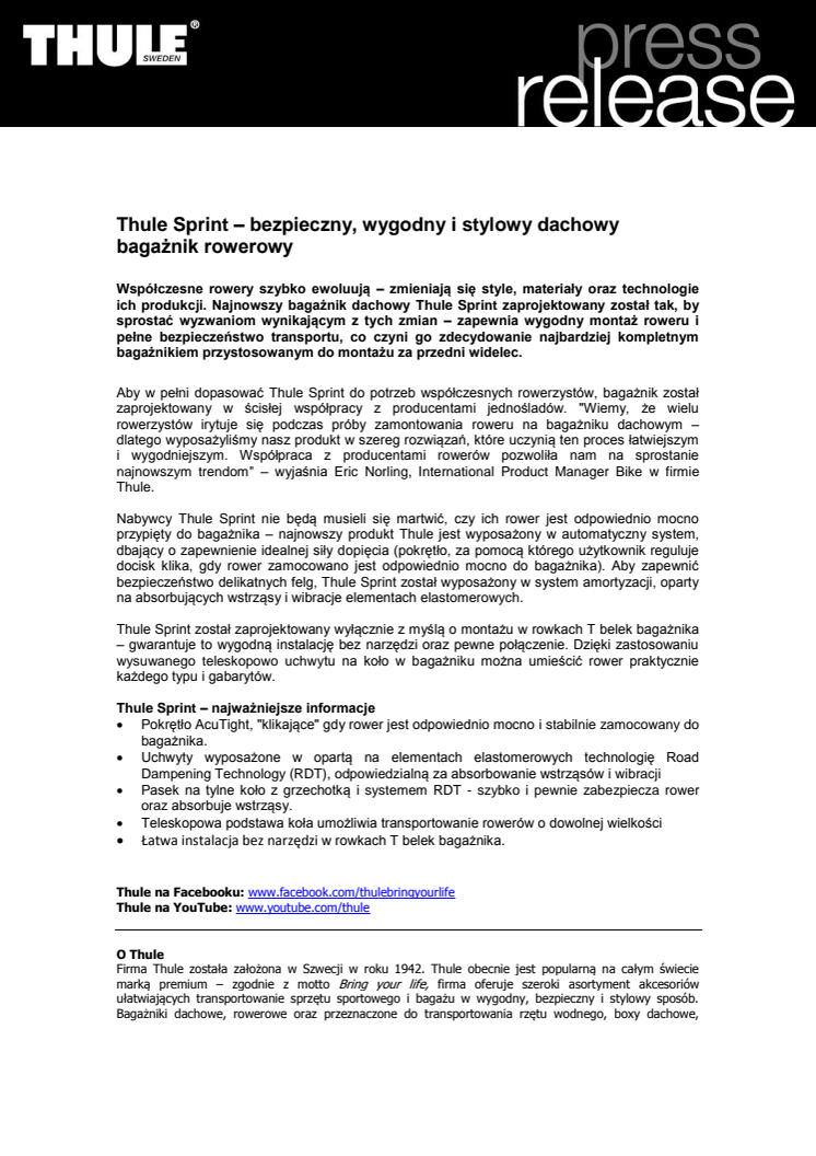 Thule Sprint – bezpieczny, wygodny i stylowy dachowy bagażnik rowerowy