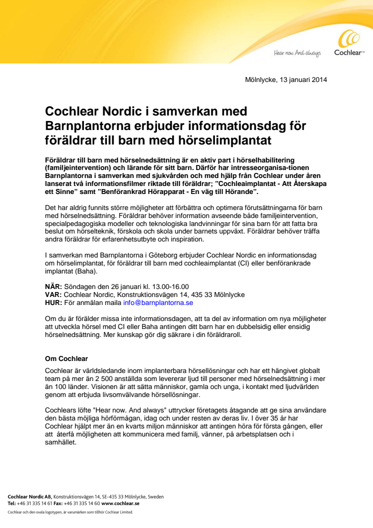 Cochlear Nordic i samverkan med Barnplantorna erbjuder informationsdag för föräldrar till barn med hörselimplantat
