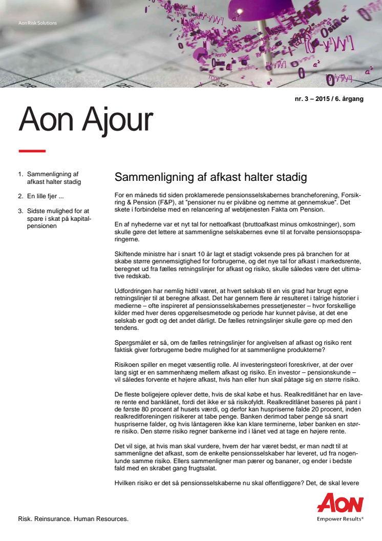 Aon Ajour 3-2015: Sammenligning af afkast halter stadig