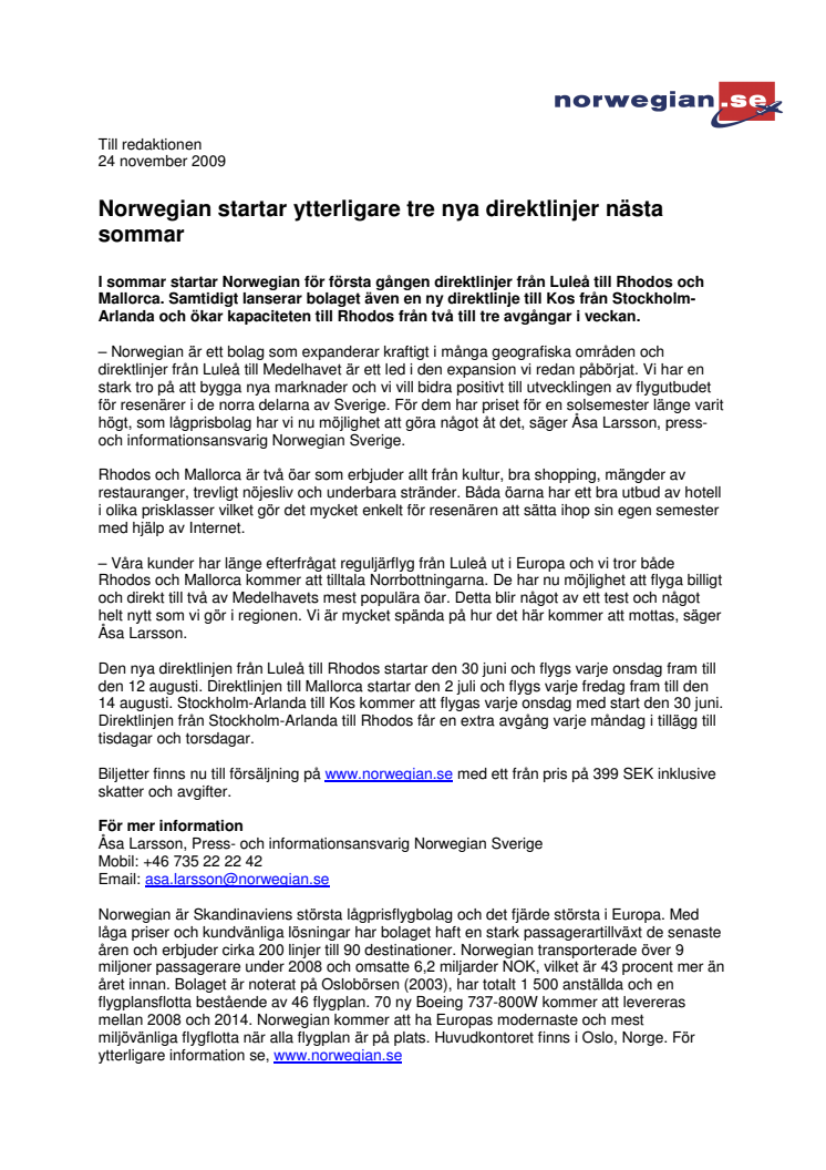 Norwegian startar ytterligare tre nya direktlinjer nästa sommar 