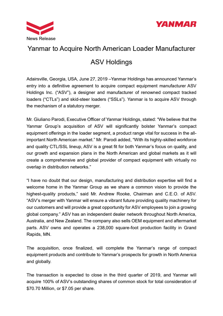 Yanmar to Acquire North American Loader Manufacturer  ASV Holdings