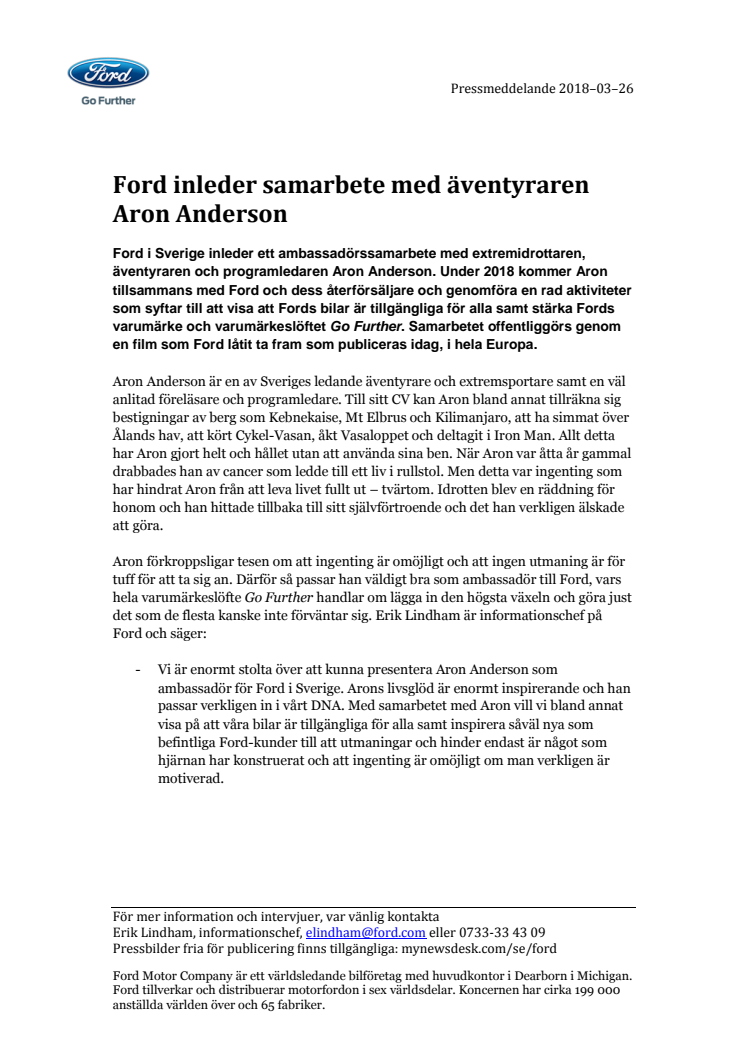 Ford inleder samarbete med äventyraren Aron Anderson