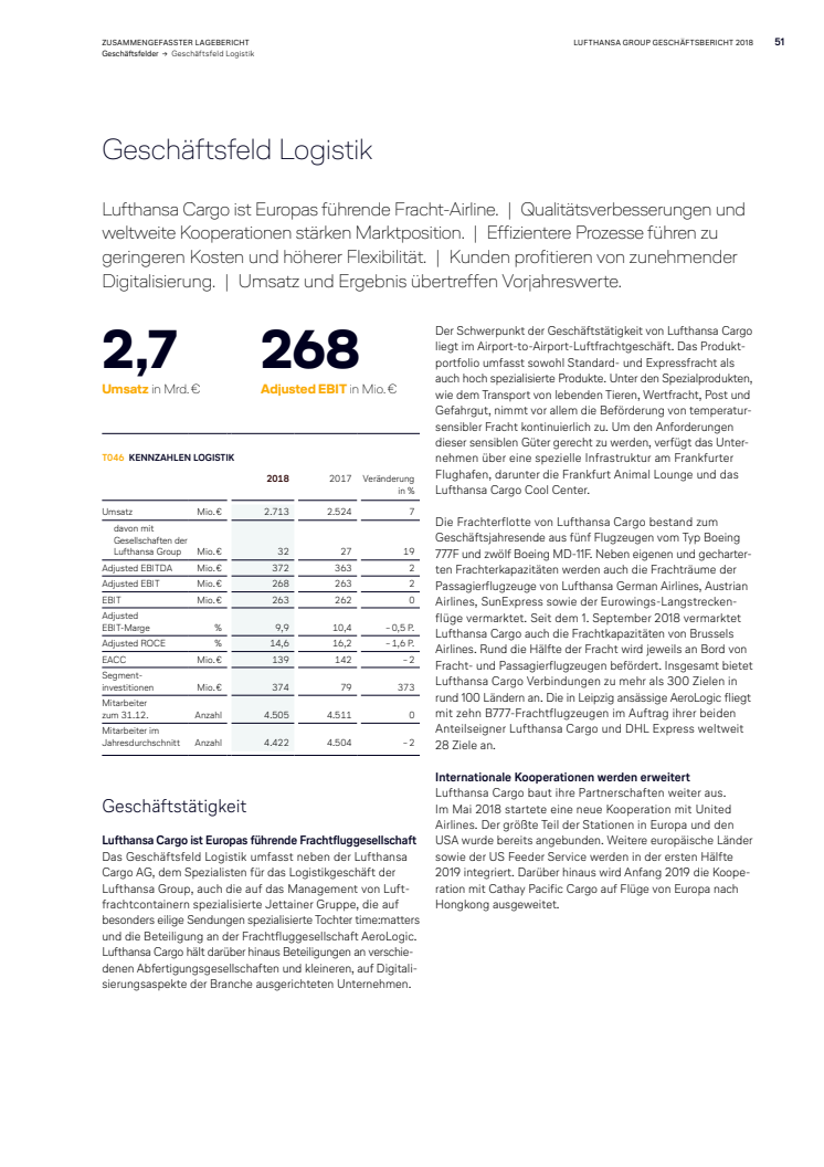 Auszug Geschäftsbericht Lufthansa Group 2018 Lufthansa Cargo