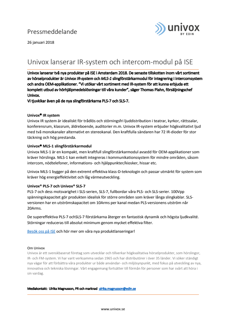 Univox lanserar IR-system och intercom-modul på ISE