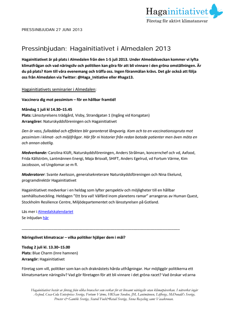 Pressinbjudan: Hagainitiativet i Almedalen 2013